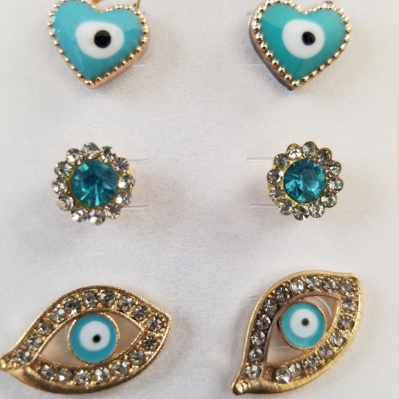 3/30❤️Evil Eye Protection Teal Stud Earrings 3 pcs Set New - Picture 2 of 9